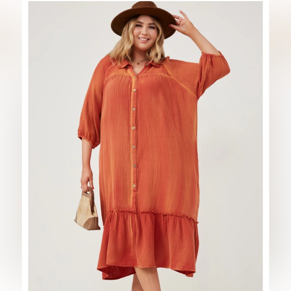 Orange Button-Up Midi Dress Hayden 2X